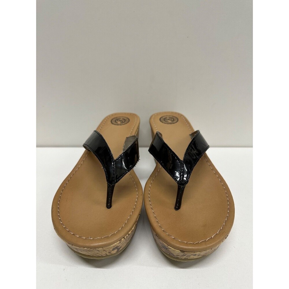 SO Kohls women size 8 M Cork Wedged thong black & brown sandals all man made